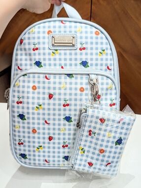 New Madden Girl Baby Blue Mini Gingham Checker Fruits Backpack & Zip Wallet
